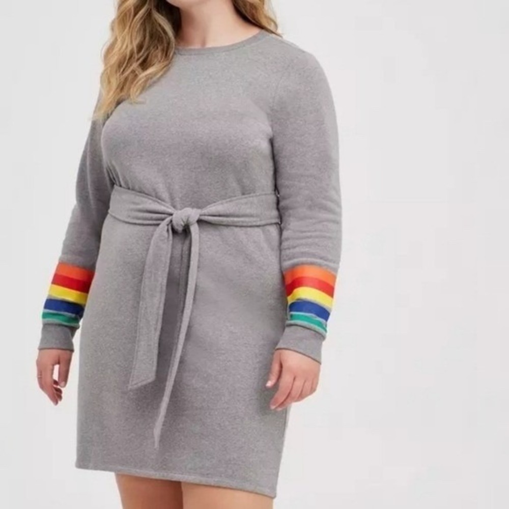 NWT Torrid‎ Cozy Fleece Shift Dress Womens 1X/14-16 Gray Rainbow Sleeve Belt NEW
